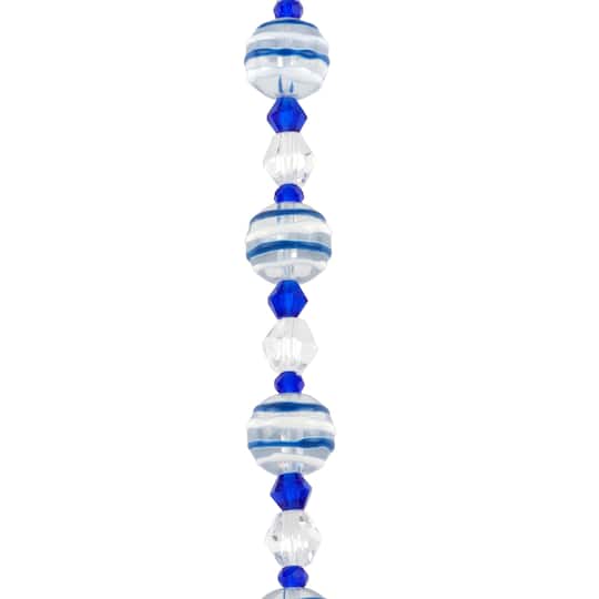 12 Pack: Blue &#x26; White Stripe Lampwork Glass Round Bead Mix by Bead Landing&#x2122;